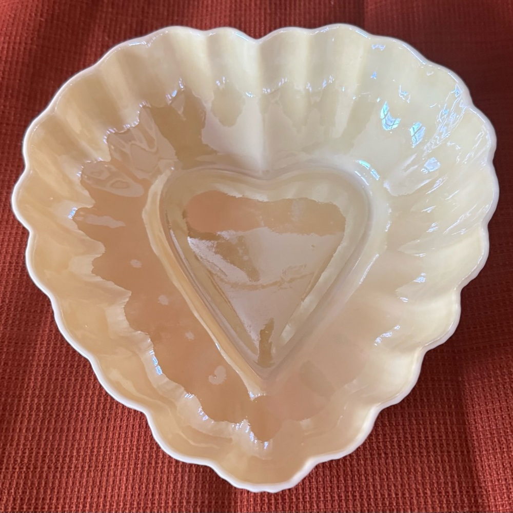 Vintage Belleek Ireland Iridescent Porcelain Scalloped Heart Dish